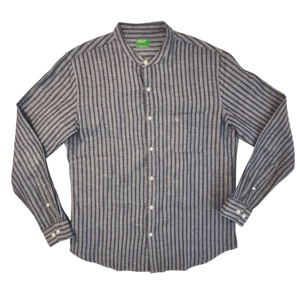 United Colors of Benetton Mens Linen Blend Band Collar Striped Shirt Navy Large